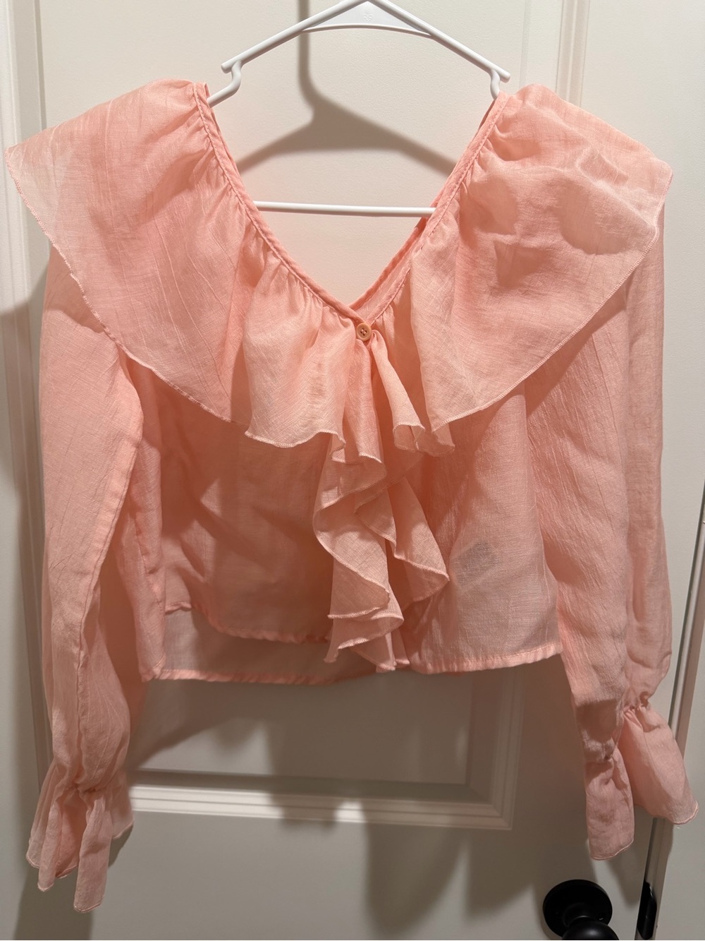 Peach Ruffle V-Neck Long Sleeve Blouse - Picture 2 of 12